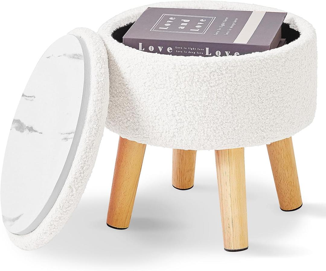 IBUYKE 13 Inch Foot Stool Ottoman with Storage, Round Small Foot Rest with Padded Seat and Wood Legs, Teddy Velvet Mini Footstool for Living Room Couch Bedroom Entryway, Cream WBD006W