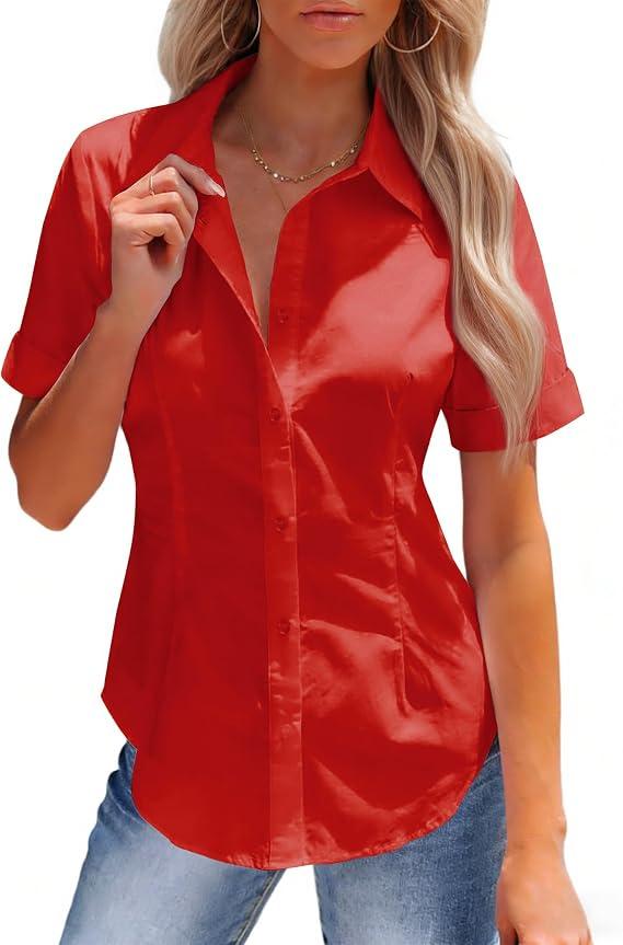 siliteelon Button Down Shirts for Women Stain-Resistant Short Sleeve Collared Dress Shirt Business Casual Tops Work Blouse, Red XL