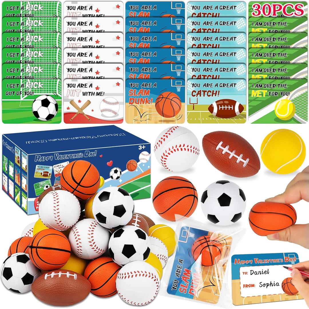 Valentines Day Cards for Kids School - 30 Pack Sport Balls Valentines Day Gifts for Kids Classroom, Valentine Day Cards Exchange for Toddlers Teens Boys School Class Party Favor Toys Carnival Prizes