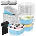 100 Pcs Mini Cake Pans with Lids, 10oz Square Aluminum Foil Brownie Baking Cups, Dessert Cupcake Cups with lids, Disposable Loaf Pans Cupcake for Wedding Birthday Party (Blue)