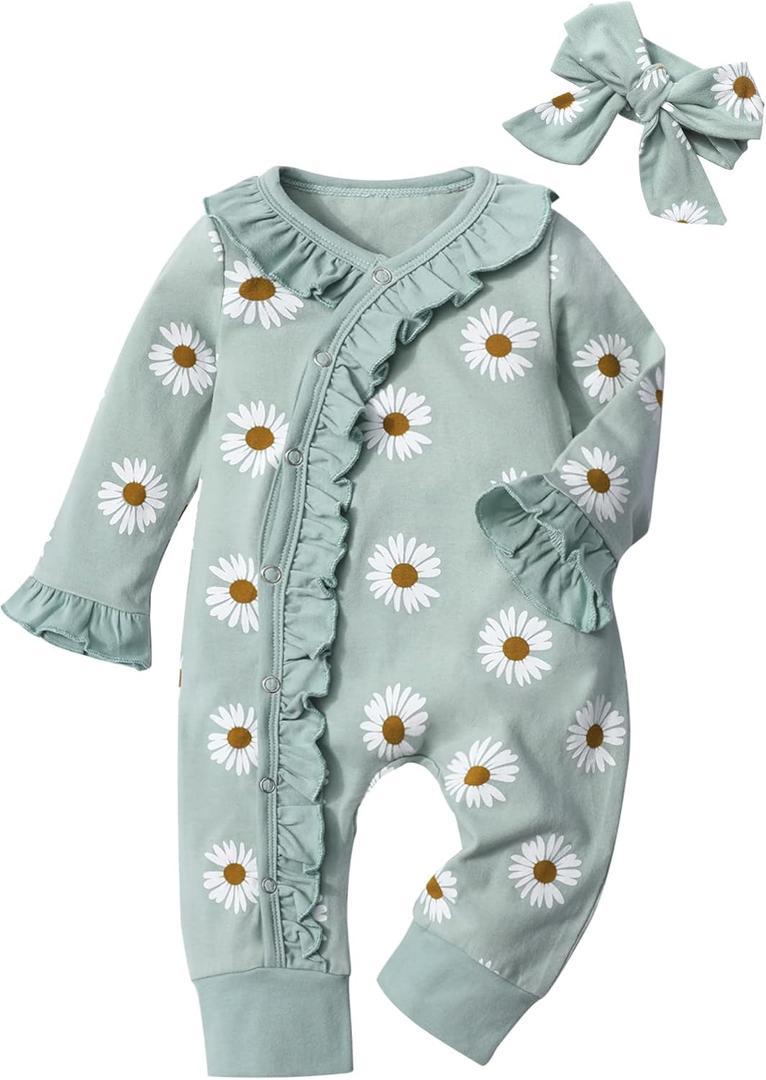 Infant Newborn Baby Girl Clothes Onesies for Baby Girl Long Sleeve Ruffle Baby Clothes with Headband (9-12 Months, Green Daisy) Infant Newborn Baby Girl Clothes Onesies for Baby Girl Long Sleeve Ruffle Baby Clothes with Headband (9-12 Months, Green Daisy)