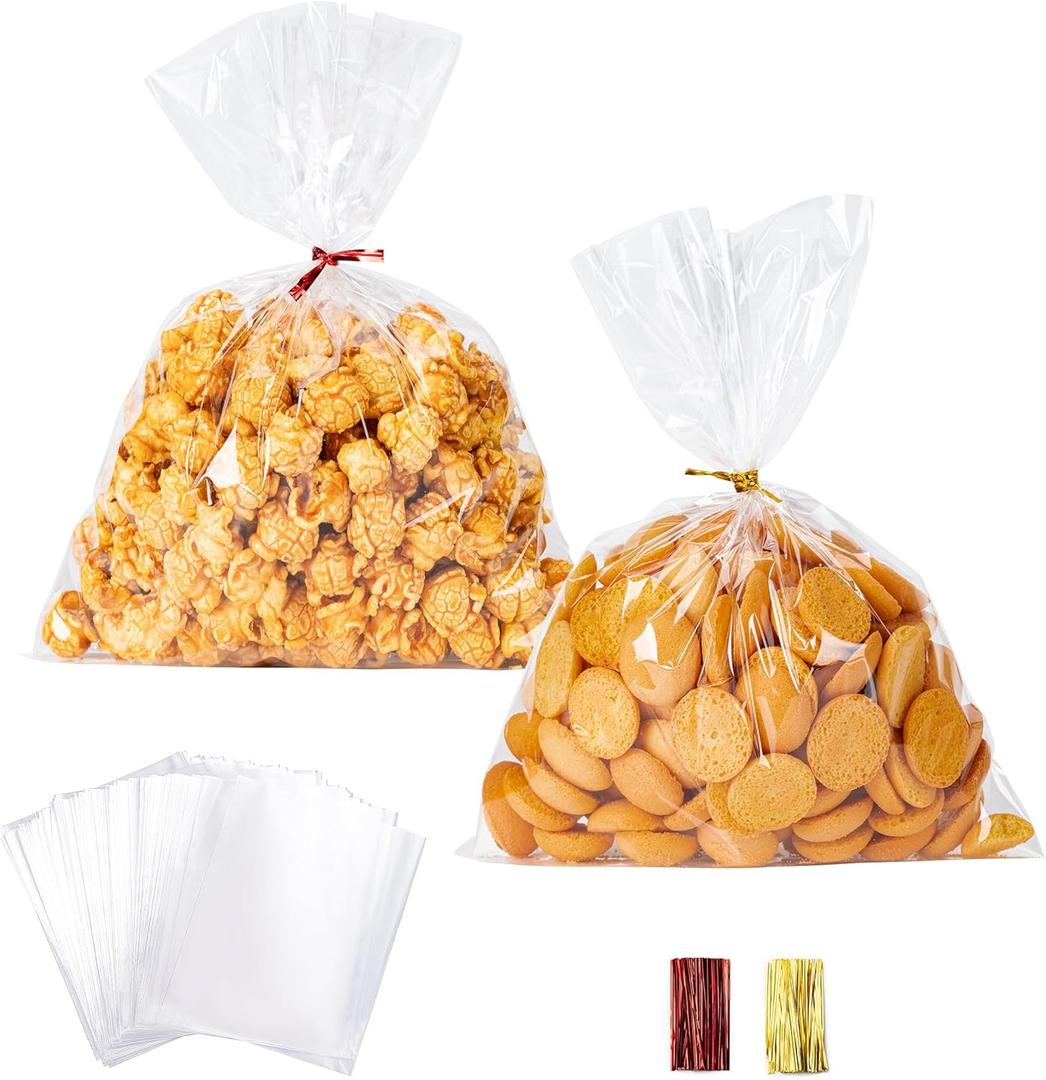 Aegero Cello Cellophane Treat Bags, 200 Pcs 6x10Inches Clear Cellophane Bags with 200 Twist Ties for Gift Wrapping,Packaging Candies,Dessert,Bakery,Party Favors