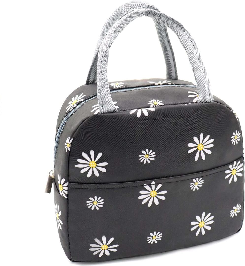 Sonuimy Insulated Lunch Bag Women, Reusable Cute Tote Lunch Box for Adult & Men, Leakproof Cooler Lunch Bags for Work Office Travel Picnic (Black with White Daisy)