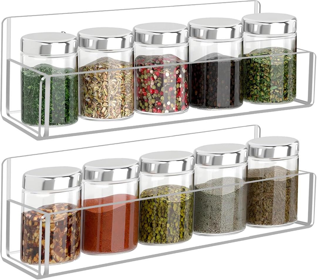 Acrylic Spice Rack Wall Mount - 9 Inch, Clear Spice Shelf Storage Holder, 2 Pack Hanging Seasoning Organizer for Cabinet Door, Cupboard or Wall Kitchen (Adhesive or Screw)