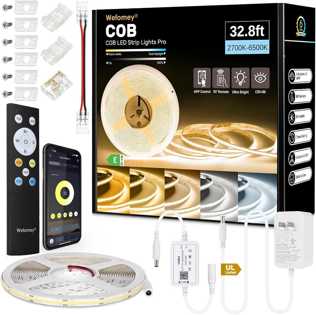 COB LED Strip Light White, 33ft Dimmable 2700K-6500K High Density 24V Flexible LED Tape Light with Remote and APP Control, UL-Listed White led Strip Lights for Bedroom Kitchen Christmas Decor (32.8FT)
