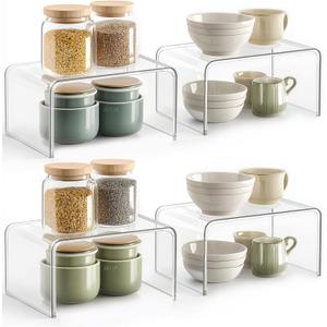 Syntus Cabinet Shelf Organizer, 4 Pack Spice Organization for Cabinet, Seasoning, Plate Organizer Shelf Riser, Clear