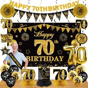 Guiruiy 25PCS 70th Birthday Decorations Kit for Men Women, Black Gold Happy 70th Bday Banner Balloon Centerpieces Swirls Party Supplies, Seventy Years Old Bday Sash Table Topper Swirl Paper Fans Set