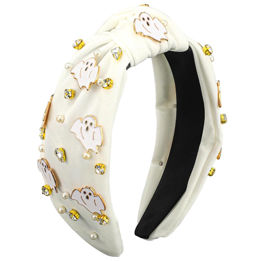 Halloween Headbands for Women, Ghost Pearl Rhinestone Knotted Headband Halloween Hair Accessories Party Gifts (6.2*5.1)