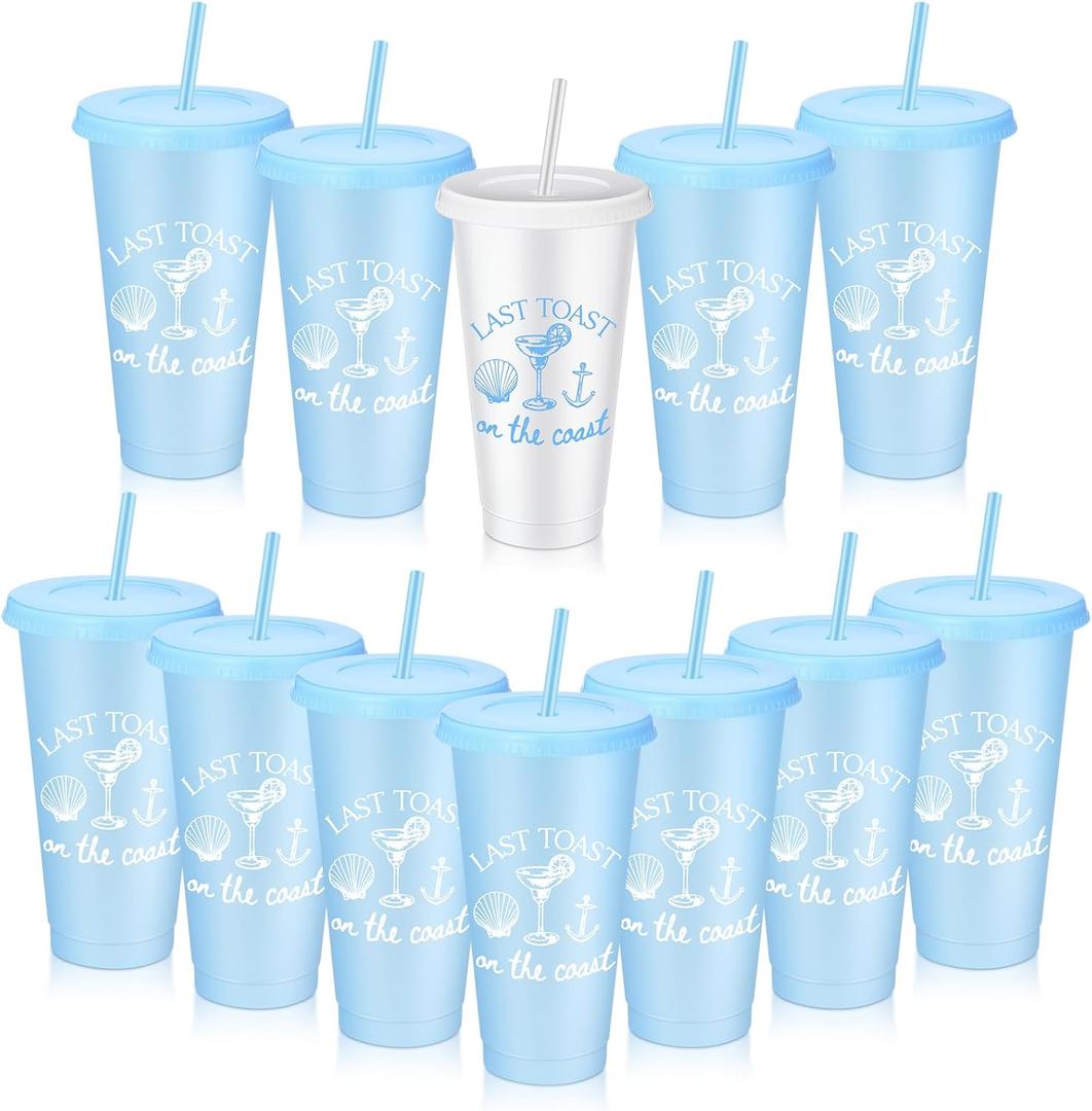 Qinyoung 12 Pcs Last Toast on The Coast Bachelorette Cups 24 oz Last Toast on The Coast Party Cups Bachelorette Plastic Tumblers with Lids and Straws for Bride Bridesmaid Party Supplies Favors Gifts