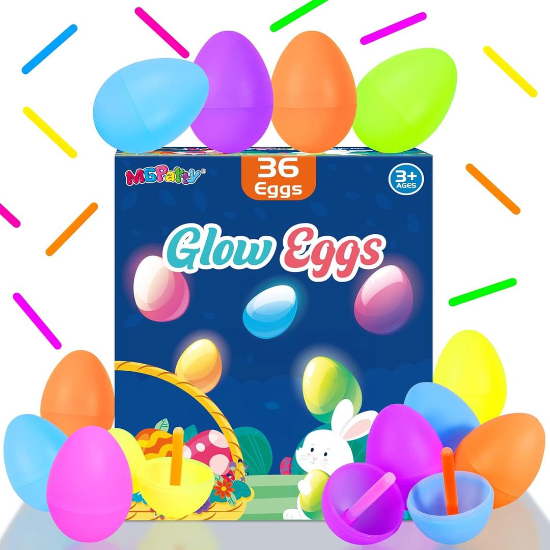 MGparty Glow in The Dark Easter Egg Hunt Set - 36 Fillable Plastic Eggs with 72 Mini Glow Sticks for Kids - Easter Basket Stuffers, Party Favors, Classroom Prizes, and Game Supplies