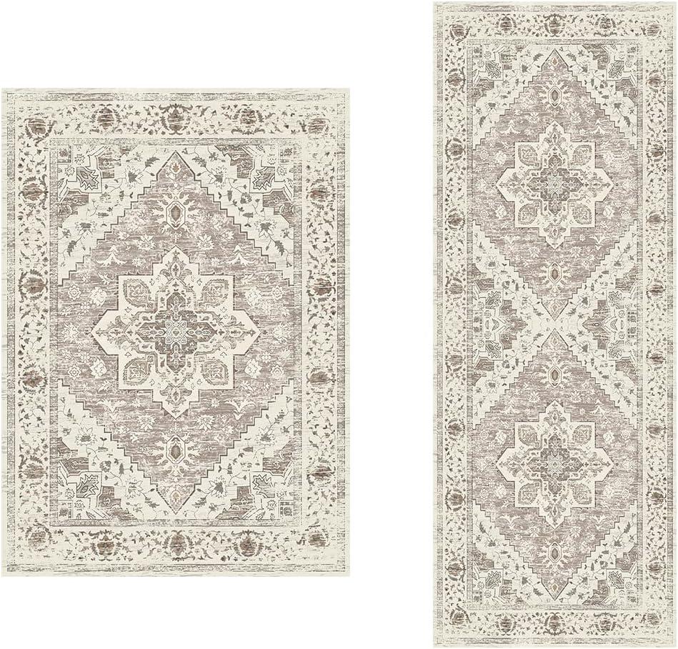 SERISSA 3x5 and 2x5 Boho Rugs Beige Earth Tone Rug Non-Slip Washable Area Rug, Ultra Soft Oriental Vintage Low-Pile Carpet for Kitchen Bedroom Bathroom Living Room