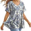 YESNO Women's Summer Tops Casual V Neck Babydoll Blouses Floral Short Sleeve Peplum Shirts XL TH2 CR425B