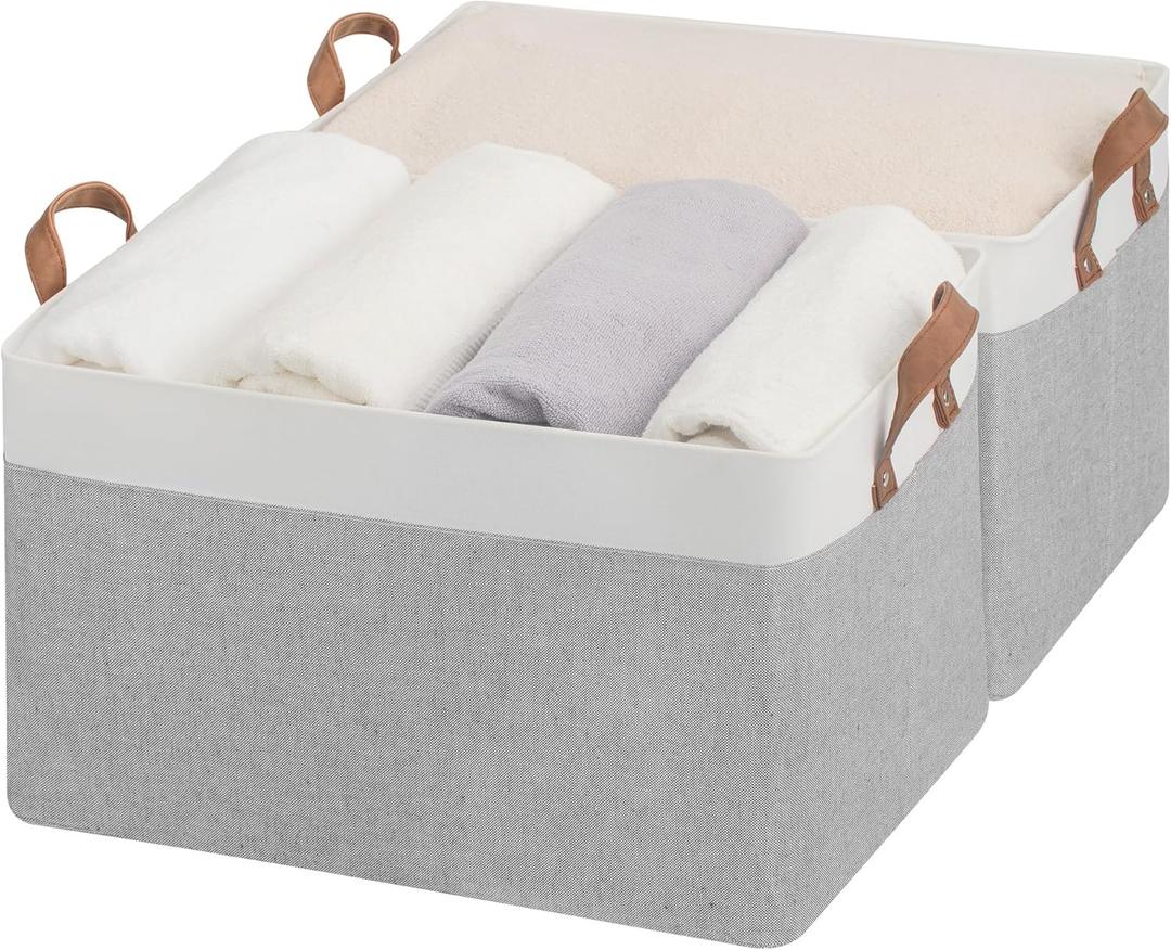 StorageWorks Storage Bins, Fabric Storage Bins for Shelves, Extra Large Storage Baskets with Metal Frame, Closet Baskets and Bins with Handles, Jumbo, Gray and White, 2-Pack