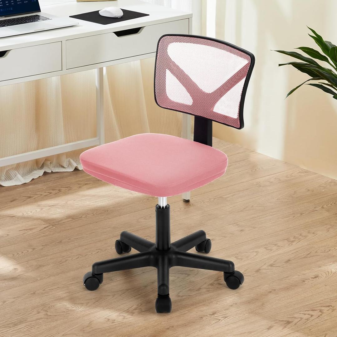 DUMOS Armless Desk Chairs with Wheels, Ergonomic Adjustable Home Office Swivel Rolling Task Chair No Arms, Comfy Mesh Mid Back Computer Work Vanity Desk Seat for Small Spaces, New Pink