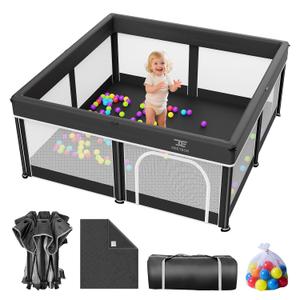Foldable Baby Playpen with Mat - 50"X50" Play Yard for Babies and Toddlers - Indoor & Outdoor Portable Playpen with Storage Bag & 30 Ocean Ball - Baby Fence with Visible Mesh & Zipper Door,Black