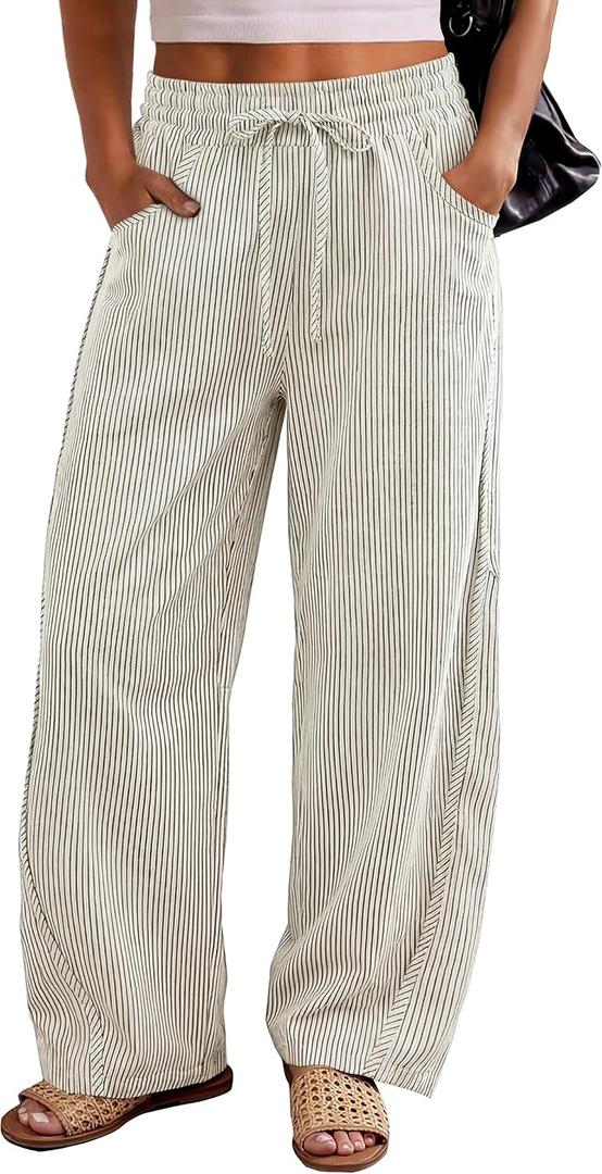 ANRABESS Womens Striped Barrel Casual Pants 2026 Trendy Summer Elastic Drawstring Baggy Lounge Wide Leg Trousers with Pockets (Beige, XL)