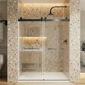 Double Sliding Shower Door, 5660" W x 76" H Frameless Shower Door, Matte Black Stainless Steel Components, 5/16" (8mm) Tempered Glass, Glass Shower Door for Walk-in Shower