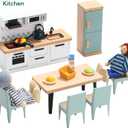 Giant bean 36pcs Wooden Dollhouse Furniture Set 5 Rooms 4 Family Dolls, Wood and Plastic Blue Dollhouse Accessories, Pretend Play Furniture Toys Christmas Birthday Gift for Boys Girls Kids Toddlers 3+