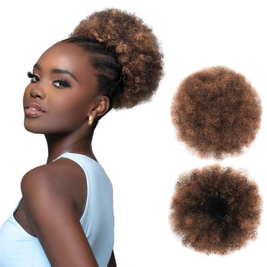 Afro Puff Ponytail for Black Women Kinky Curly Ponytail Hair Ombre Brown Synthetic Hair Bun Extensions Hairpieces Updo Hair With Two Clips (1BT27)
