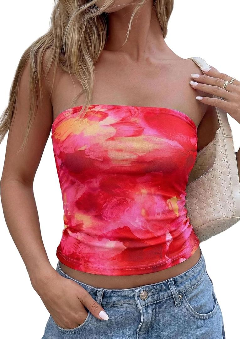 PRETTYGARDEN Tube Tops for Women 2026 Summer Spring Floral Strapless Going Out Tops Y2K Mesh Cute Beach Vacation Clothes (Red, XXL)