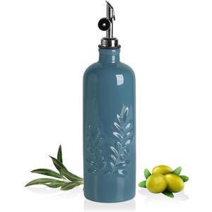 Sweejar 18 Oz Oil Dispenser for Kitchen with Gravity Spout, Ceramic Olive Oil Dispenser Bottle, Relief Opaque Vinegar Container for Evoo, Vinegar, Soy Sauce, Pack of 1(Fogblue, Silver Spout)
