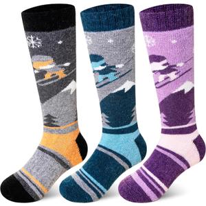 SeeyAN Kids Ski Socks Merino Wool Thermal Winter Socks Boys Girls Warm SnowBoarding Thick Skiing Socks 3 Pairs (Purple/Grey/Blue, 4-7 Years)
