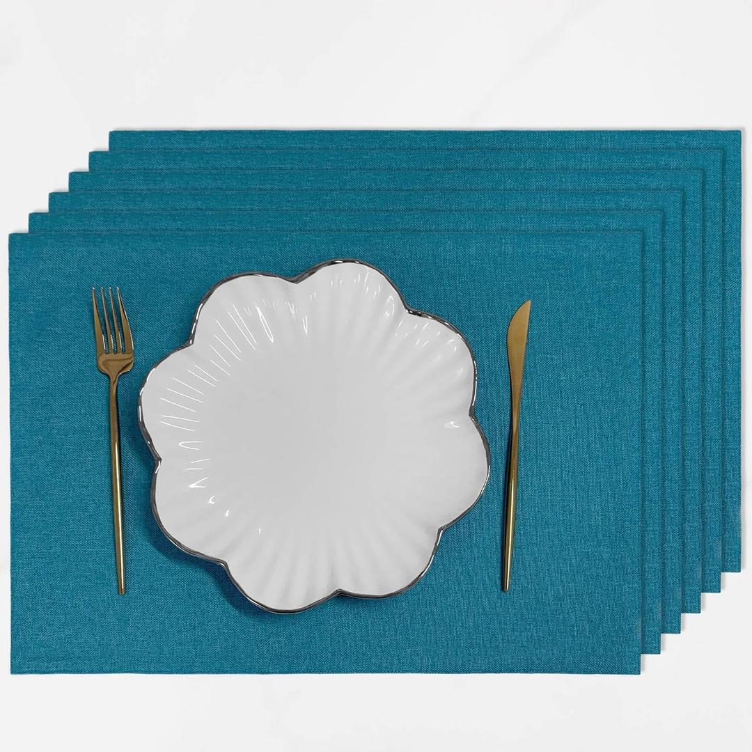 LoveNova Placemats Set of 6, Place Table Mats Indoor, Cloth Placemats Washable, Dinner Placemats Heat Resistant, Faux Linen Dining Table Placemats, 6pc, Teal Blue, 13 x 19inch
