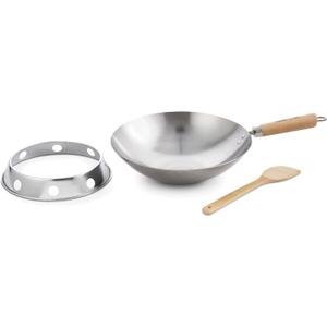 Helen's Asian Kitchen Round Bottom Wok Set, Carbon Steel and Bamboo, 12-Inches, 4-Piece Set