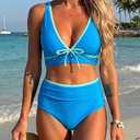 ZAFUL Womens Cute V Neck Bikini Set High Waisted Two Piece Swimsuit Tummy Control Beach Bathing Suit, Blue, L
