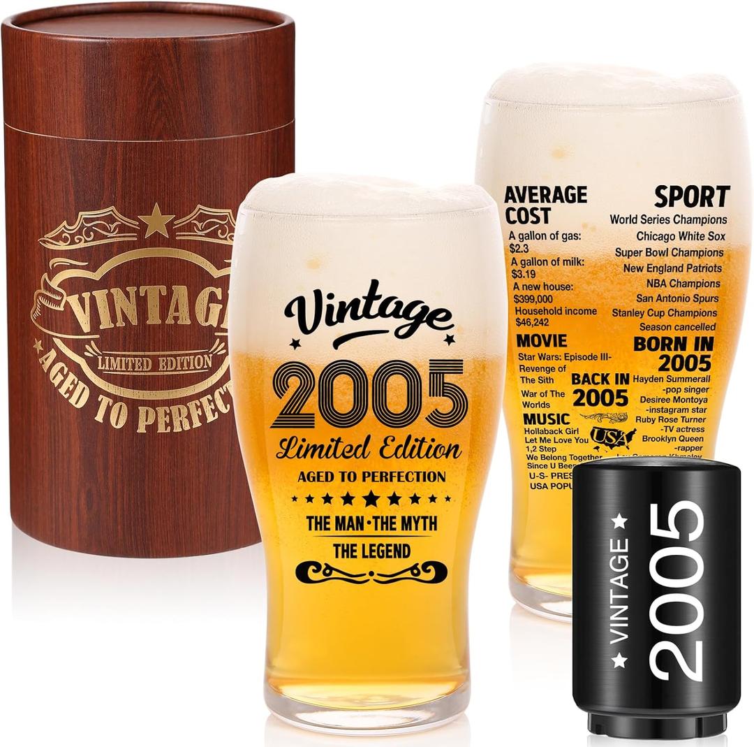 Unique 21st Birthday Gift For Man - Beer Glasses Gifts 20 Oz 2-Sided Beer Drinking Glass (1 Count) and Opener - Vintage 2005 Beer Glass21st Birthday Decorations Party Supplies, 3.5in*7.2in