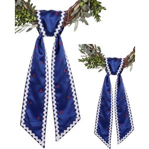 2 Pack Patriotic Wreath Sash for Front Door, Set of 2 Matching Blue Satin Scarves with Red Stars and White RIC Rac Trim, 4th of July Memorial Day Decor, 4.5 x 56 Inch Each