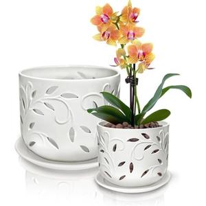 KERUITA Orchid Pots with Holes,6 inch + 5 inch Ceramic Planters Set of 1Bottom Tray, Enhanced Drainage and Ventilation,White Flower Pots for Indoor/Outdoor Plants for Repotting
