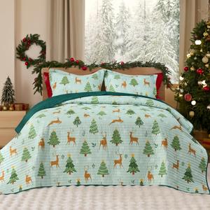Bedsure Christmas Quilt Bedding - Queen Size Reversible Quilt with Christmas Tree and Reindeer Pattern, Lightweight Microfiber Bedspread, Soft Coverlet as Festive Decoration (90"x96")