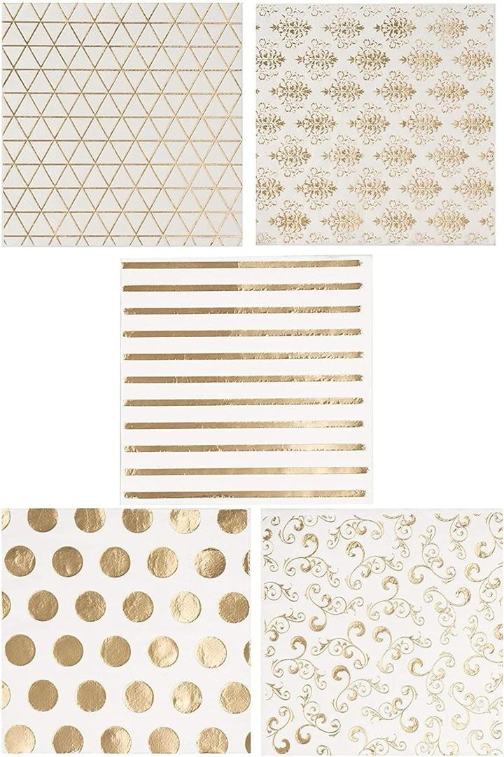 BLUE PANDA 100 Pack White and Gold Paper Disposable Cocktail Napkins for Wedding Reception, Birthday, 5x5 In - Gold Napkins