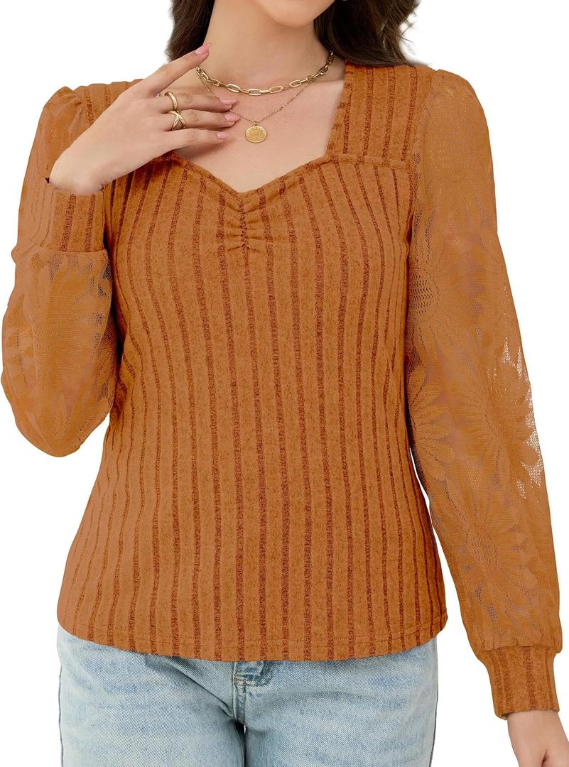 Women's Long Sleeve Shirts Sheer Mesh Lace Flower Dressy Blouses Basic Casual Loose Top (XL)