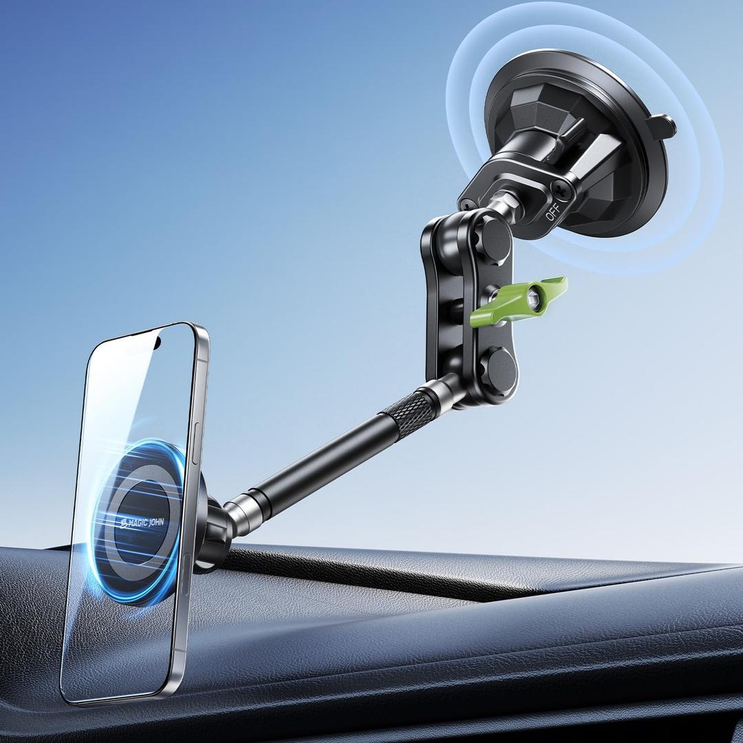 MAGIC JOHN Magnetic Car Phone Holder [Strong Suction&Strong Magnetic] 360 Adjustable Car Phone Mount for Windshield, Ultra-Durable Metal, Suction Cup Car Phone Mount for iPhone Samsung All Smartphone