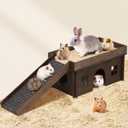 Large Bunny House with Stair, Wooden Bunny Castle Rabbit Hideout, Chinchilla and Guinea Pigs Hut Hideouts, Sturdy Rabbit Cage Hamster Hideout Bed HutchExcluding String Lights