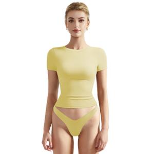 SUUKSESS Women Fitted Basic Tee Cotton Ribbed Crew Neck Summer Short Sleeve Y2K Crop Top Pale Yellow (Yellow)