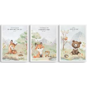 3Pcs Woodland Animal Christian Wall Art Kids Room Bible Verses Canvas Wall Decor Wild Animals Posters Prints Baby Forest Nursery Paintings Pictures Fox Bear Deer Watercolor Artwork 12x16in Unframed (12L" x 16W")