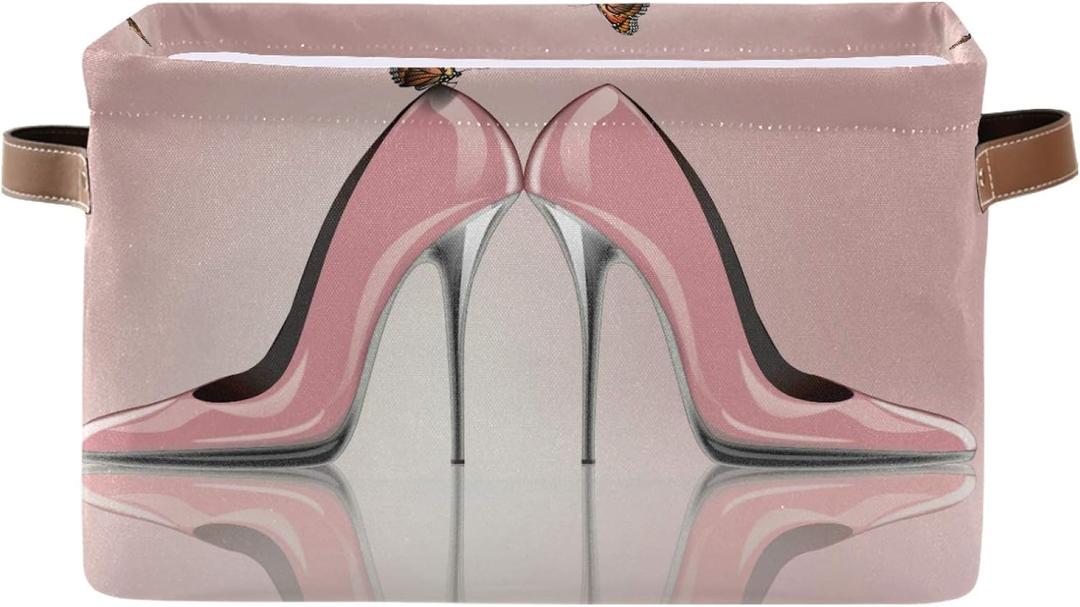 AUUXVA Storage Basket Pink High Heel Butterfly Storage Cube Box Durable Canvas Collapsible Toy Basket Organizer Bin with Handles for Shelf Closet Bedroom Home Office (1 Pack)