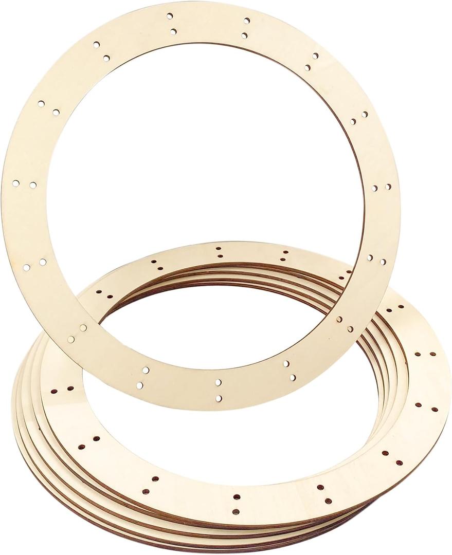 14 Inch 6 Pack Unfinished Wooden Wreath Rings Crafts Hanging Floral Hoop Garland Wood Wreath Frames for Home Decor (0.15 inch Thick,with 30 Holes)