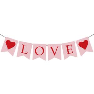 Valentine's Day Banner with Heart Hanging Swirls, Red Glitter Valentine's Day Door Banner Decorations for Party Decor (B)