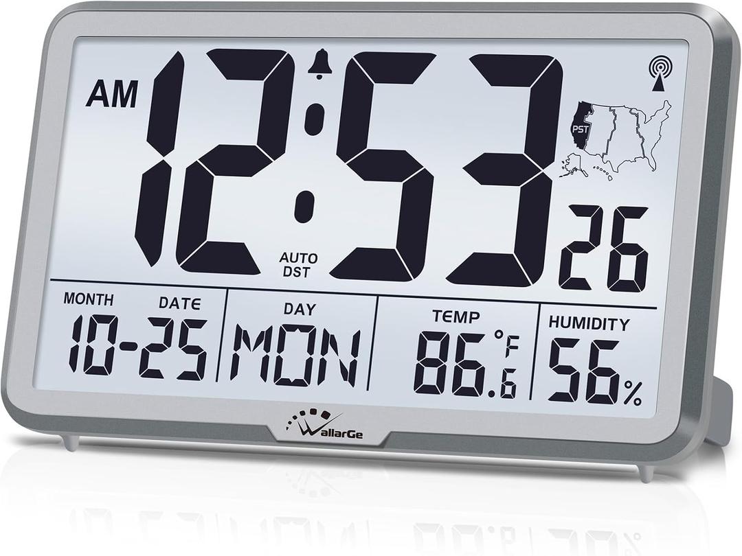WallarGe Atomic Wall Clock with Backlight, Digital Wall Clock Battery Operated for Classroom, Bedroom, Office, Large Display with Indoor Temperature, Humidity, Date, AUTO DST, 6 Time Zones
