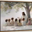 Framed Jesus With Children Canvas Wall Art Christian Kids Room Painting Picture Wall Decor Jesus Teaching Children Poster Print Artwork for Child Room Bedroom Classroom Home Decoration 16inx24in