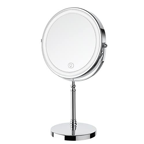 Lighted Makeup Mirror, 3000 mAh Rechargeable Double Sided Magnifying Vanity Mirror with 3 Colors, 1x/10x, 360° Rotation , Brightness Adjustable Magnification Cosmetic Light up Mirror, Women Gift