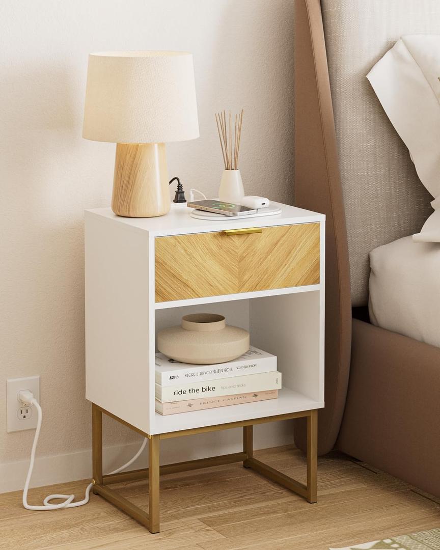Nightstand with Charging Station, Boho Night Stand with Drawer Wood Farmhouse Bedside Table with Storage, End Side Accent Table for Bedroom,Living Room,White (Normal, White With Charging Station)