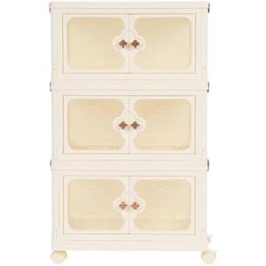 KEPSLERYZ 4-Tier Clear & Beige Storage Cabinet with Wheels - Foldable Plastic Organizer with Magnetic Doors, 11lbs per Shelf Capacity, Rolling Utility Cart for Bedroom, Bathroom & Nursery