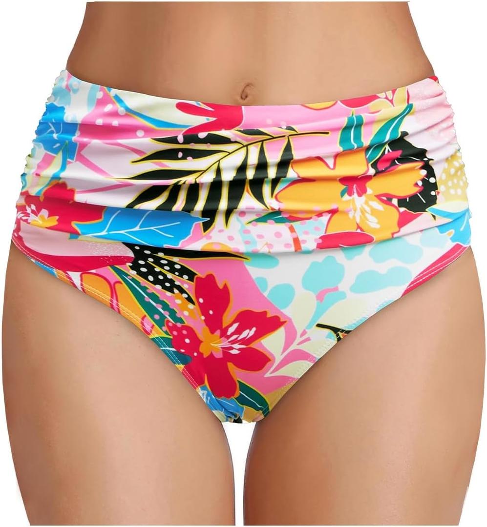 Tempt Me Women's High Waisted Bikini Bottom Tummy Control Ruched Bathing Suit Swim Bottom (L)