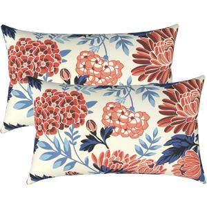 Outdoor Lumbar Pillows 12x20 Inch, Water Repellent Cushion Pillows, Outdoor Pillows with Inserts for Home Garden Pack of 2, Red Chrysanthemum