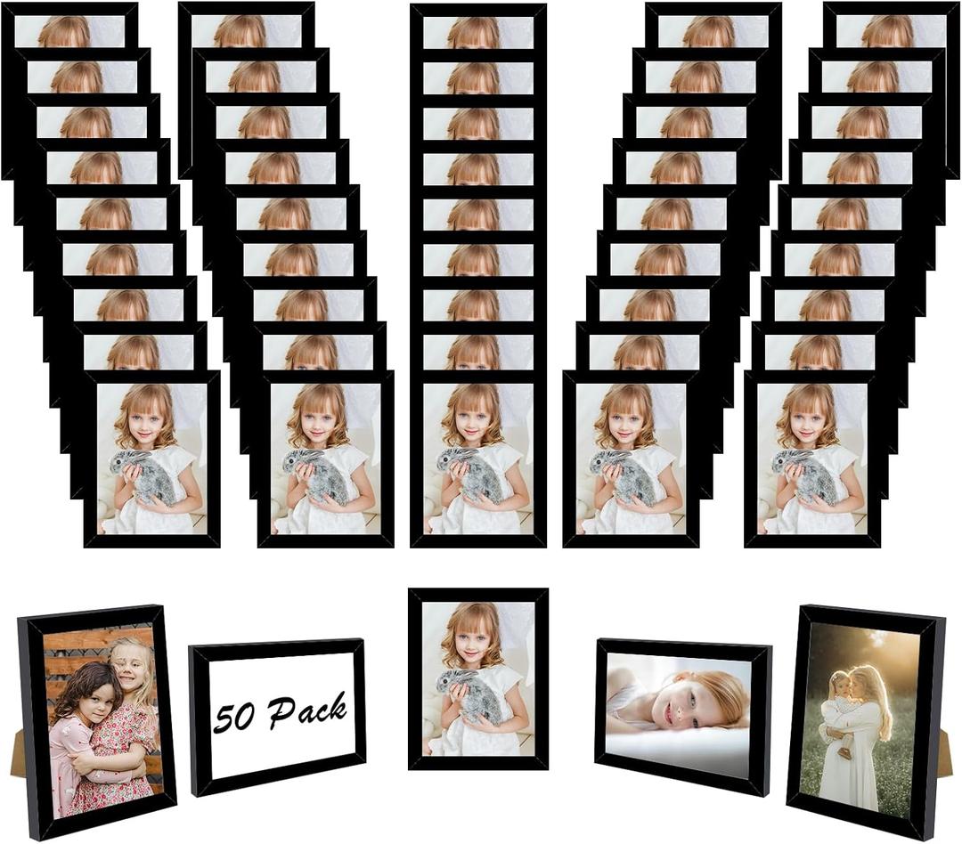 50 Packs 4x6 Picture Frame Black, Engineered Wood 4 x 6 Photo Frame, 4 by 6 Photo Poster Frame for Wall Hanging and Tabletop Set of 50, Black